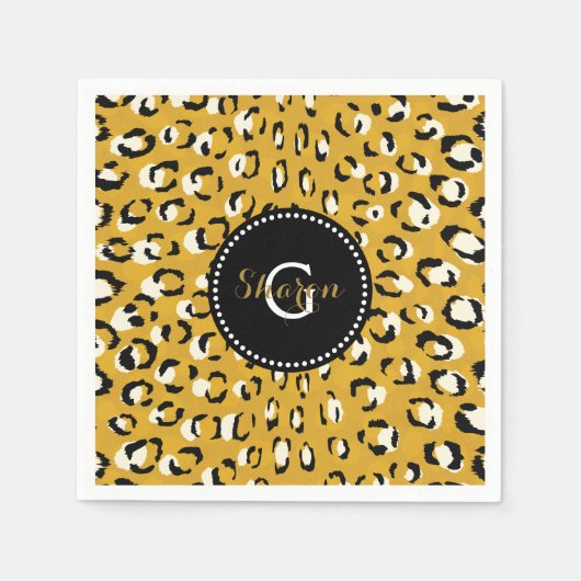 Moderne chic goud luipaardprint patroon monogram servetten (Voorkant)