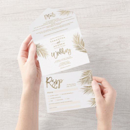 Moderne chic gouden palmboom tropische bruiloft all in one uitnodiging (Afscheurbaar)