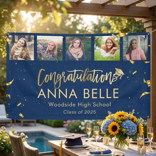 Moderne Chic Gouden Script Foto Collage Afstuderen Spandoek