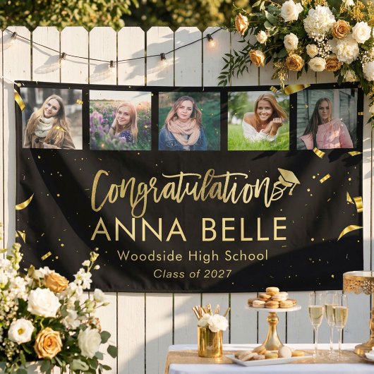 Moderne Chic Gouden Script Foto Collage Afstuderen Spandoek