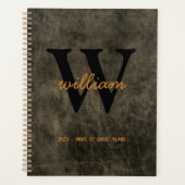 Moderne chic grijze leren script zwarte monogram planner (Voorkant)