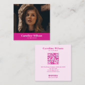 Moderne Chic Hot Pink QR Code Foto Girly Vierkante Visitekaartje (Voorkant / Achterkant)