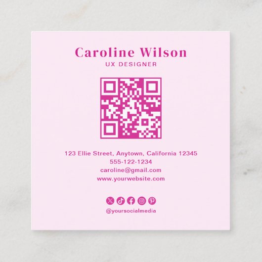 Moderne Chic Hot Pink QR Code Foto Girly Vierkante Visitekaartje (Achterkant)