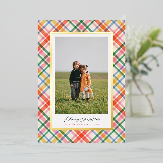 Moderne Chic Joyful Plaid Kerst Folie Kaart (Staand Voorkant)