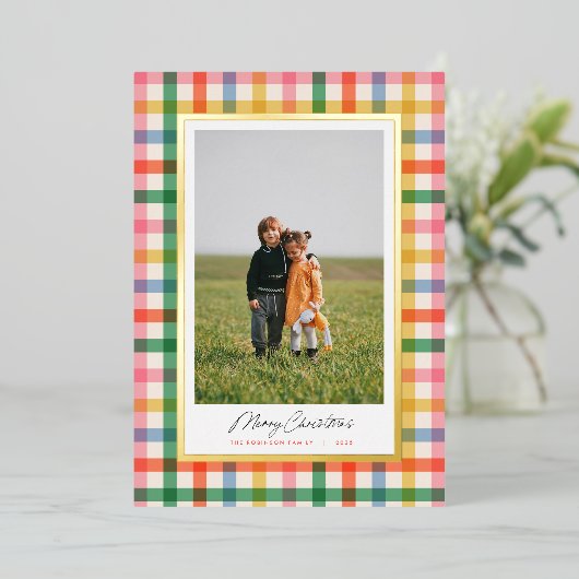 Moderne Chic Kleurrijke Plaid Kerst Folie Kaart (Staand Voorkant)