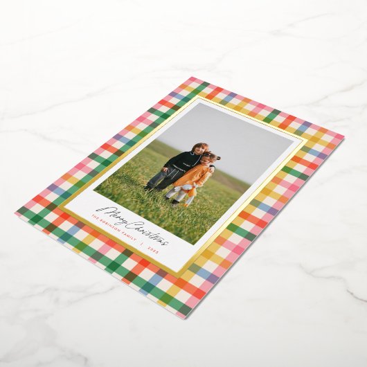 Moderne Chic Kleurrijke Plaid Kerst Folie Kaart (Gedraaid)