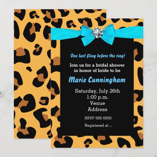 Moderne Chic Leopard Print Aqua Blue Bow Party Kaart (Voorkant / Achterkant)