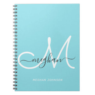 Moderne Chic Lichtblauwe Witte Script Monogrammeer Notitieboek