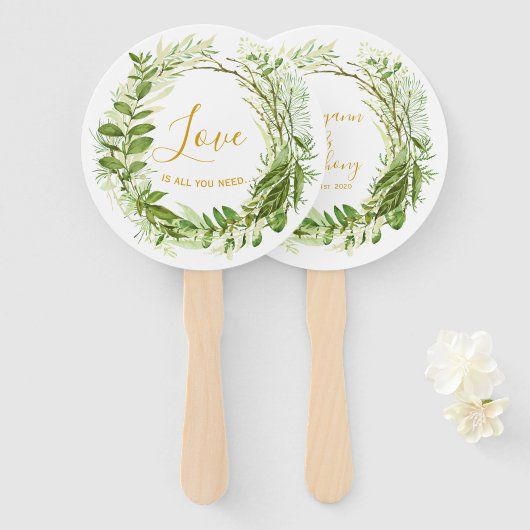 Moderne Chic Love krans gepersonaliseerde bruiloft Handwaaier (Voorkant en achterkant)