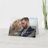 Moderne Chic Merci Script 2 Photo Wedding Folded Bedankkaart (Voorkant)