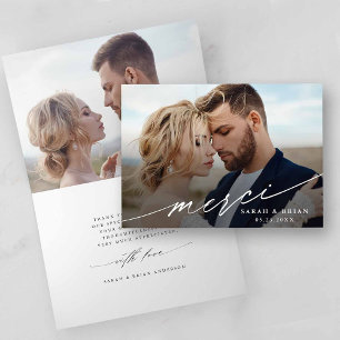 Moderne Chic Merci Script 2 Photo Wedding Folded Bedankkaart