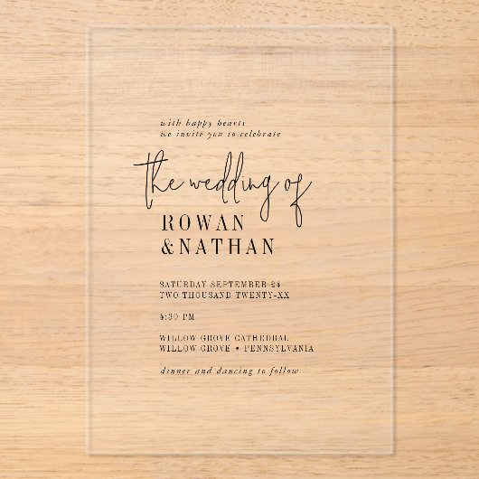 Moderne Chic Minimal Zwart Eenvoudige Boho Wedding Acryl Uitnodigingen (Voorkant)