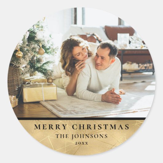 Moderne Chic Minimalist Zwart Goud Kerstfoto Ronde Sticker (Voorkant)