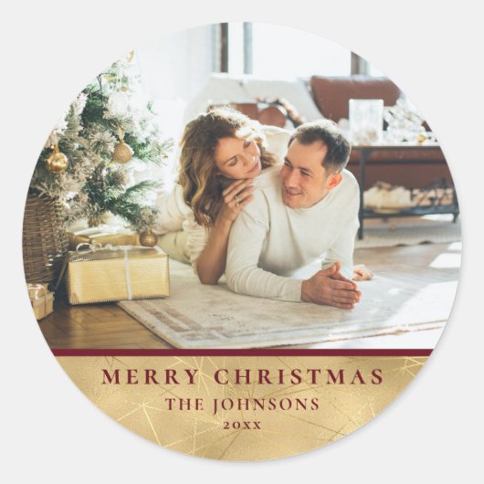 Moderne Chic Minimalistische Rood & Goud Kerstfoto Ronde Sticker (Voorkant)