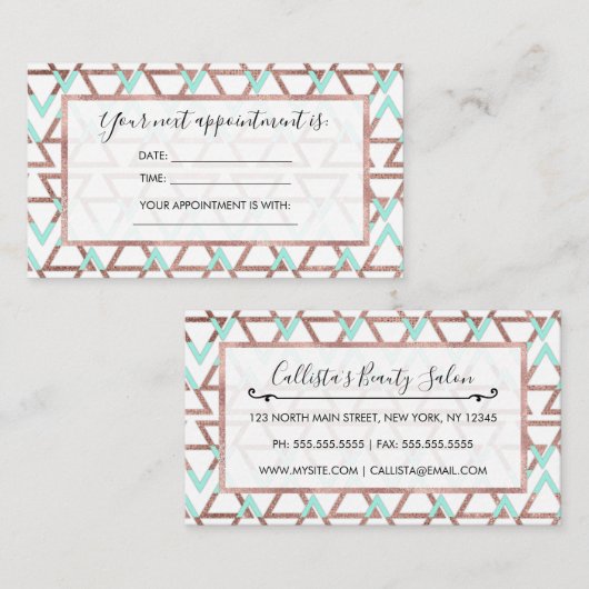 Moderne Chic Mint Green Roos Gold Glitter Triangle Afsprakenkaartje (Voorkant / Achterkant)