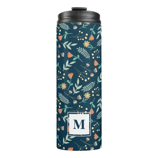 Moderne Chic Monogram Blauwgroen Floral Cadeau Thermosbeker (Voorkant)