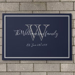 Moderne Chic Monogram Script Name Weddenschap Welk Deurmat<br><div class="desc">Moderne Chic Monogram Script Name Wedding Welcome Doormat. Gepersonaliseerd ontwerp van witte, grijze monogram met bruine en bruideachternaam en datum vastgesteld op een blauw marinekleding. Een unieke gave voor pasgetrouwden. Levendig voor hun nieuwe leven samen. Klik personaliseren deze sjabloon om het snel en gemakkelijk aan te passen. Wordt wereldwijd snel...</div>