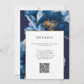 Moderne Chic Navy Blauw Goud Bloemen QR Code Huwel Kaart (Achterkant)