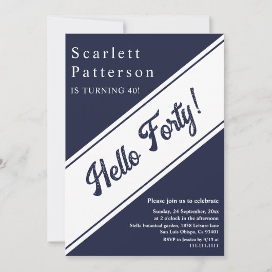 Moderne Chic Navy Blauw Wit Elegant 40e Verjaardag Kaart (Voorkant)