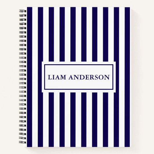 Moderne Chic Navy Blauw & Wit Verticale Strepen Notitieboek (Voorkant)
