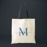 Moderne chic Navy blauwe monogram elegante script  Tote Bag<br><div class="desc">Moderne Navy blauwe witte monogram elegante moderne script naam boodschappentas</div>