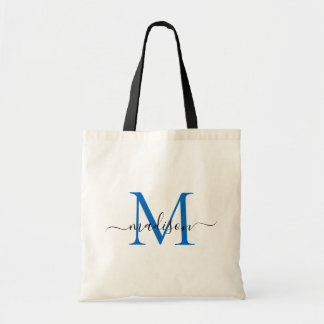 Moderne chic Navy blauwe monogram elegante script Tote Bag
