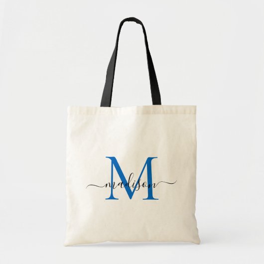 Moderne chic Navy blauwe monogram elegante script Tote Bag (Voorkant)
