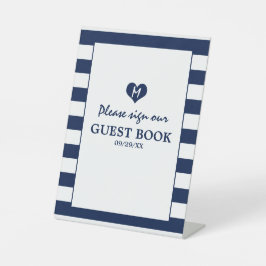 Moderne Chic Navy Blauwe & Witte Bruiloft Reclamebord Met Voetstuk