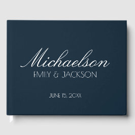 Moderne Chic Navy Blauwe Witte Script Bruiloft Gastenboek