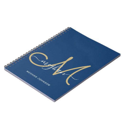 Moderne Chic Navy Gouden Script Monogram Notitieboek (Linkerzijde)