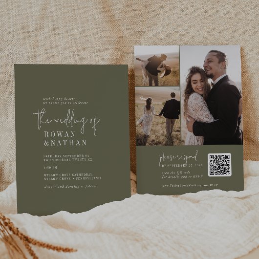 Moderne Chic Olijfgroene QR Code Foto Bruiloft Kaart