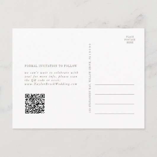 Moderne Chic Olive Green QR Code Sla de datum op Uitnodiging Briefkaart (Achterkant)