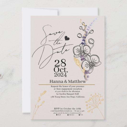 Moderne Chic Orchidee Zwart & Paars Save The Date (Voorkant)