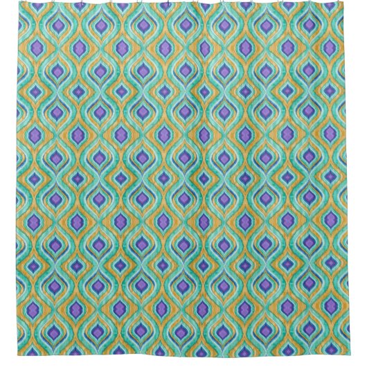 Moderne Chic Peacock Feather Ikat Pattern Shower Douchegordijn (Voorkant)