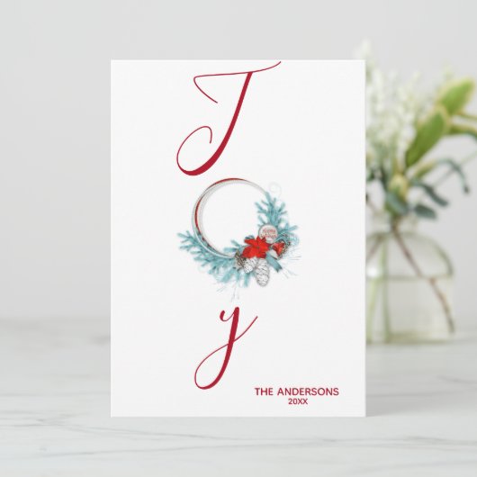 Moderne Chic Red Pine Krans Joy Vakantie Feestdagenkaart (Staand voorkant)