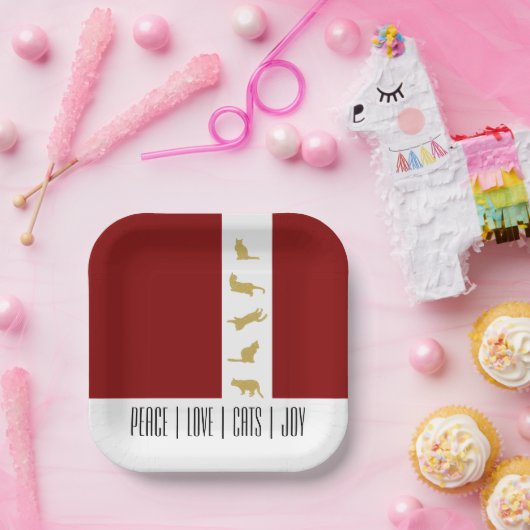 Moderne Chic Red White Gold Cat Kerstmis Papieren Bordje (Feest)