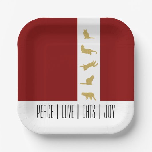 Moderne Chic Red White Gold Cat Kerstmis Papieren Bordje (Voorkant)
