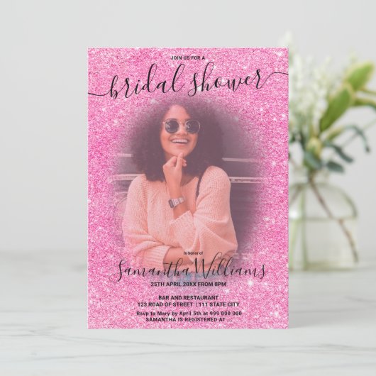 Moderne chic roze glinsterende bruidsfeest foto kaart (Staand voorkant)