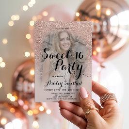Moderne Chic Roze goud glitter foto Sweet 16 Kaart