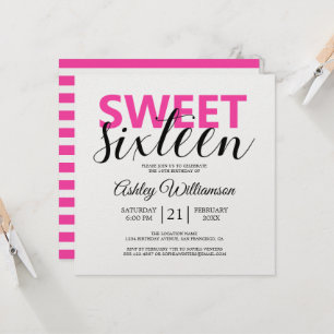Moderne Chic Roze Witte Strepen Roze Sweet 16 Kaart
