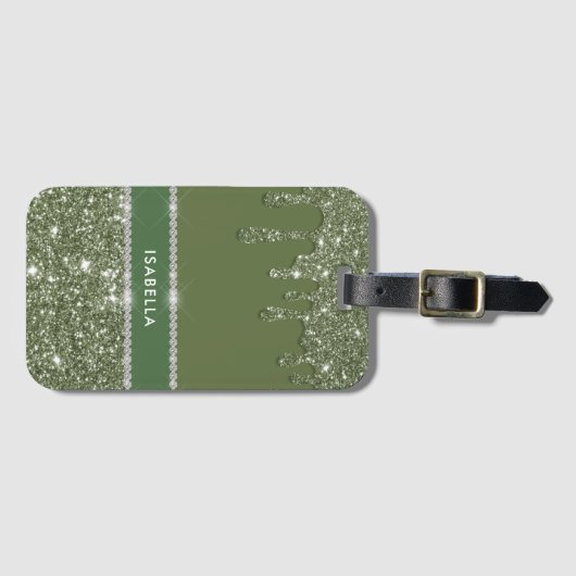 Moderne Chic Sage Green Glitter Sparkle Diamond Bagagelabel (Voorkant (horizontaal))