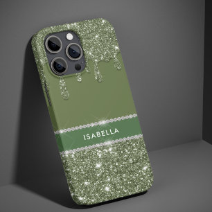 Moderne Chic Sage Green Glitter Sparkle Diamond Case-Mate iPhone 14 Pro Hoesje