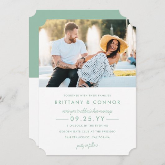 Moderne Chic Sage Groen en Wit Fotobruiloft Kaart (Voorkant / Achterkant)
