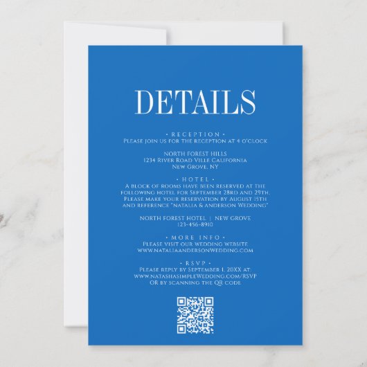Moderne Chic Sapphire Blue QR Code Huwelijksuitnod Kaart (Achterkant)