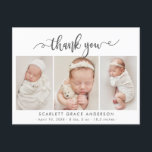 Moderne Chic Script Baby 3 Foto Collage Bedankt Briefkaart<br><div class="desc">Moderne Elegante Chic Script 3 Foto Collage Pasgeboren Baby Bedankt Geboorte Aankondiging Postcard. Kenmerkt een mooie "bedankt" tekst in een handgeschreven kalligrafie kronkelende staart lettertype script in zwart en wit. Vooraf gemaakte persoonlijke boodschap en geboorte statistieken met de naam van de baby zijn inbegrepen. Geweldig voor meisje of jongen. Eenvoudig...</div>