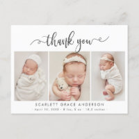 Moderne Chic Script Baby 3 Foto Collage Bedankt
