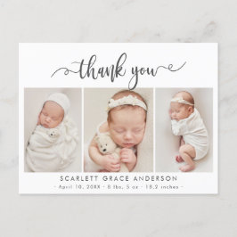 Moderne Chic Script Baby 3 Foto Collage Bedankt Briefkaart