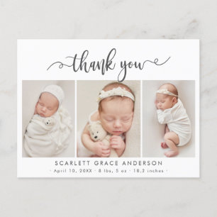 Moderne Chic Script Baby 3 Foto Collage Bedankt Briefkaart