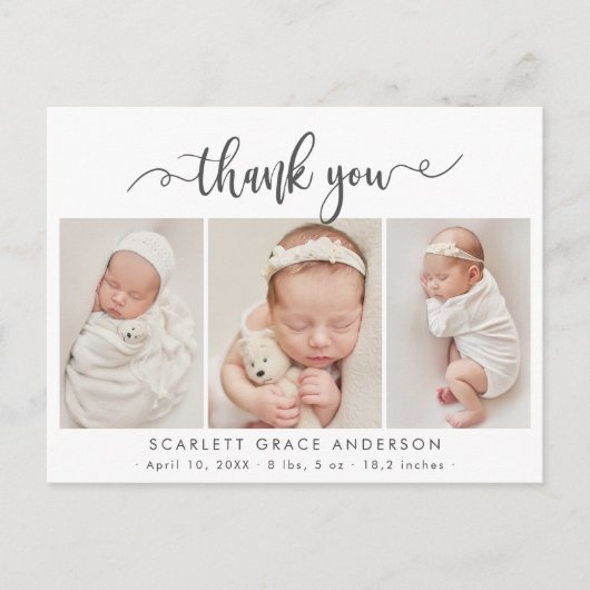 Moderne Chic Script Baby 3 Foto Collage Bedankt Briefkaart (Voorkant)