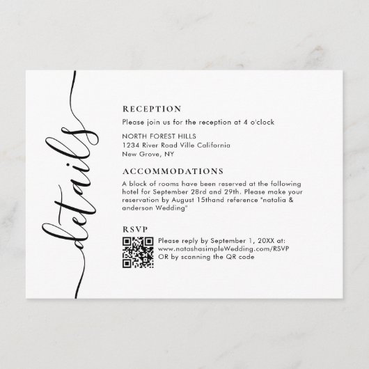 Moderne Chic Script bruiloft details Informatiekaartje (Voorkant)